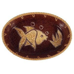 VTG Terracotta Fish Bowl with Woven Rattan Trim Boho Decor Handmade 5.5" X 7.5"